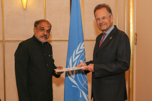 At a ceremony at the Palais des Nations, Geneva, the Ambassador of Guyana to United Nations Organisations (Geneva) Dr. J. R. Deep Ford (left in photo) presented his credentials to Director General Michael Moller.  A release from the Ministry of Foreign Affairs  yesterday said that during the brief exchange they discussed Guyana’s place in the multilateral framework and its role in contributing to the ongoing work in critical areas such as climate change and green economies and human rights. Prior to his appointment as Ambassador to the United Nations Organisations in Geneva and the Government of Switzerland, Dr. Ford held several senior positions at the United Nations for sixteen years and more recently as the Director of Caribbean Operations for the Food and Agriculture Organisation. The release added that Dr. Ford started his professional career as a lecturer at the University of Guyana and also earlier worked for the Commonwealth Secretariat.  In the coming weeks, the Ambassador will present his credentials to the Government of Switzerland which will provide support for the establishment and running of the Guyana Embassy in Geneva. (Ministry of Foreign Affairs photo)