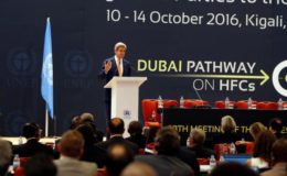 U.S. Secretary of State John Kerry delivers his keynote address to promote U.S. climate and environmental goals, at the Meeting of the Parties to the Montreal Protocol on the elimination of hydro fluorocarbons (HFCs) use, held in Rwanda's capital Kigali, October 14, 2016. REUTERS/James Akena