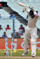 New Zealand’s Martin Guptil is bowled by India’s Bhuvneshwar Kumar (not in picture) Reuters photo.