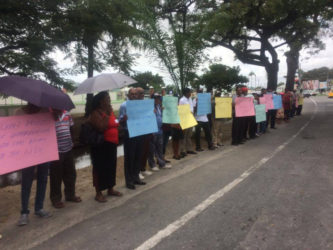 Members of the opposition during the demonstration outside the Ministry of the Presidency on Vlissengen Road yesterday. 