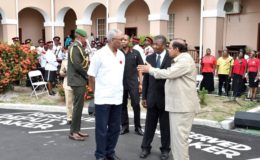 President David Granger (left) shares a light moment with Prime Minister, Moses Nagamootoo (right) and Speaker of the National Assembly, Dr. Barton Scotland, upon his arrival at the Parliament Buildings, earlier today.
