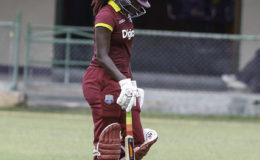 West Indies Women captain Stafanie Taylor cuts a forlorn figure as she trudges off after being dismissed for 57 in the final ODI against England Women yesterday. (Photo courtesy WICB Media) 