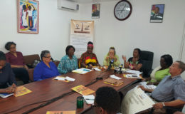 Chairperson of the WGEC, Indra Chandarpal (third from right) and other members, from right: the lone male who represents the cultural aspect, Peter Persaud, Debra Henry, a professional; Vanda Radzik, Nicole Cole,  Sandra Hooper and Halima Khan of the ROC