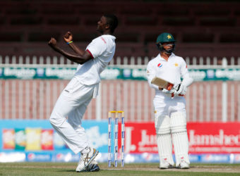 Captain Jason Holder exults after claiming a career-best five-wicket haul in Pakistan’s second innings on the penultimate day of the third Test yesterday. (Photo courtesy WICB Media)  