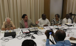 (From left) Public relations consultant Kit Nascimento, Head of Smart City Solutions Amir Oren  and Town Clerk Royston King during the press briefing yesterday morning at the Guyana Marriott Hotel.