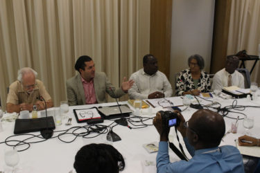 (From left) Public relations consultant Kit Nascimento, Head of Smart City Solutions Amir Oren  and Town Clerk Royston King during the press briefing yesterday morning at the Guyana Marriott Hotel.  