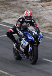 Bryce Prince (74) testing their Yamaha 600cc motor cycles at the South Dakota Circuit shortly after arriving in Guyana.