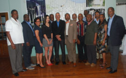 Part of the group of local and diaspora academics who are putting heads together on the creation of a School of Entrepreneurship and Business in Guyana. At centre (wearing bow tie) is UG Vice Chancellor Professor Ivelaw Griffith. 