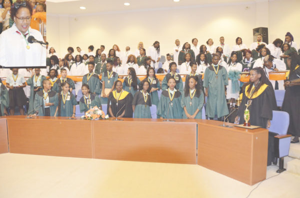  First Lady, Sandra Granger, yesterday afternoon told the 2016 graduating class of the Carnegie School of Home Economics’ Craft Production and Design Division that “education must be a lifelong pursuit”. In her feature address at their graduation ceremony, which was held at the Arthur Chung Convention Centre, Liliendaal she said “Educated persons enhance their communities. They bring a level of thought, planning and order, not only to their own lives, but will add value, too, to their families and the communities, which they inhabit”. Valedictorian Gizzelle Lopes (inset) told her colleagues that they should be proud of their achievements as all “the pain, tears and frustration, hard work and dedication” have paid off.  This Ministry of the Presidency photo shows the graduating class.
