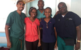 A few of the doctors from the Caribbean Medical Mission, along with a local doctor.  From left: Dr Kevin Clarke, Dr Latoya Gooding, Dr Trevor Dixon, Dr Matoya Cort and Dr Trevor Layne.