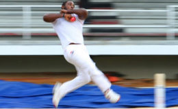 Speedster Roshon Primus sends down a delivery during his six-wicket haul on the opening day of the day/night first round game against Windward Islands Volcanoes on Friday evening. (Photo courtesy WICB Media)
