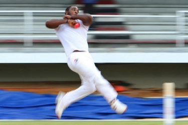 Speedster Roshon Primus sends down a delivery during his six-wicket haul on the opening day of the day/night first round game against Windward Islands Volcanoes on Friday evening. (Photo courtesy WICB Media) 