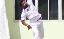 Veersammy Permaul, 5/60 was the leading wicket-taker yesterday as Guyana bowled out Jamaica for 208 to lead by 90 runs on 1st innings (Orlando Charles photos) 