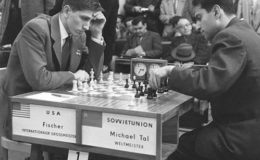 Bobby Fischer vs Mikhail Tal during one of their many encounters. They both became world chess champions – Tal in 1960 and Fischer in 1972.