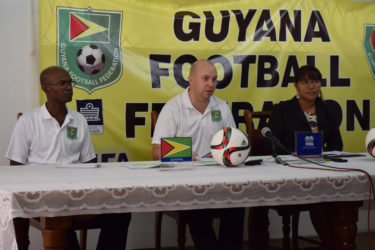 GFF Technical Director, Ian Greenwood (centre) addressing the media gathering while GFF Technical Development Officer (TDO) Lyndon France and GFF Communications Manager Debra Francis look on.