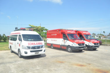 Three of the five ambulances that will be used by the National Emergency Medical Services (GINA photo)