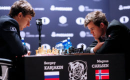 Serjey Karjakin and Magnus Carlsen in deep concentration during yesterday’s game six encounter. (Photo courtesy Fide website)