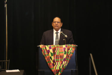 Acting President Moses Nagamootoo gives the feature address at the launching of the African Business Roundtable.  