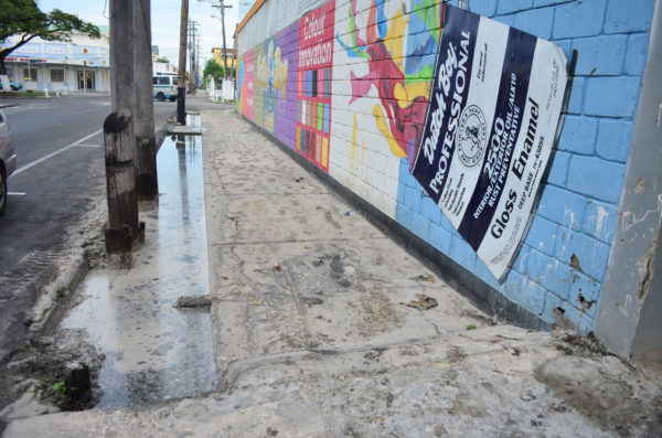 The entire pavement at the corner of Main and Holmes streets, South Cummingsburg, was covered in waste fat after the drain outside the Fix it Hardware store overflowed. Though City Hall had in December last year demolished a concrete bridge, which was blocking the flow of water in this same area, the bridge in the foreground was rebuilt and continues to block water flow. Additionally, residents said the fat in the drains is waste fat from the New Thriving Restaurant, which operates one block away. Restaurants are required by the city by law to have a fat trap to prevent waste fat from entering the city drains. (Photo by Orlando Charles)