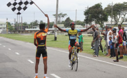 Soloist! Shaquel Agard completed back-to-back wins yesterday after a breakaway from the remnants of the peloton at the bell lap. (Orlando Charles photo)
