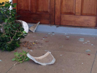 Glass from a broken louvre window, a broken flower pot and blood stains in front of the entrance to the building.