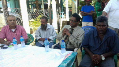 From left are the Prime Minister’s Representative in Region Six, Gobin Harbhajan; Faiyaz Narinedatt’s uncle, Abdul Shafeek; Public Security Minister, Khemraj Ramjattan and the father of Faiyaz Narinedatt. 