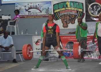 Vijai Rahim dead lifting yesterday at the National Senior Championships. (Orlando Charles photo)