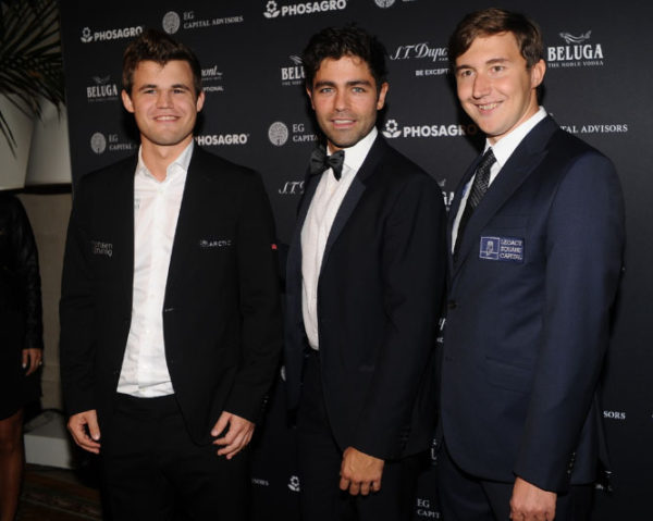 Magnus Carlsen, the World Champion; Adrian Grenier, the actor, who was master of ceremonies for the gala, and Sergey Karjakin, the challenger for the World Championship. 