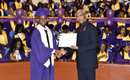 Valedictorian of the Class of 2016 of the President’s College,  Camroul Hookumchand receives the President’s Award from President David Granger. (Ministry of the Presidency photo)