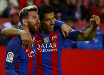 Barcelona’s Lionel Messi, right, and Luis Suarez celebrate. (Reuters photo)