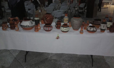 Clay vessels sculpted and uniquely designed by President of the Guyana Creative Business Society Nicholas Young on display at the exhibition last evening.