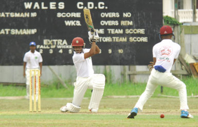 Joshua Persaud plays a textbook drive for the national U17 team against Demerara in the GCB U19 tournament earlier this year at the Wales Community Development Centre Ground. Orlando Chrales photo 