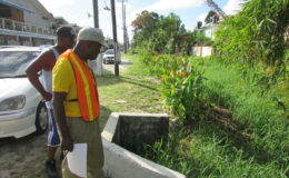 MPI’s Community Coordinator, Neilson McKenzie (foreground), inspects the Lamaha Street Canal during a recent walkabout of Newtown, Kitty. 