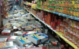 Grocery items remain scattered on the floor of a supermarket in north Trinidad following yesterday’s 6.1 earthquake.