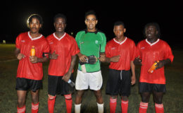 Target men-NA United’s successful penalty takers and goalkeeper from left to right Leonardo Adams, Graham Thomas, Jovano Dos Santos, Steffon Boucher and Shkeel Grant, following their 4-3 penalty shoot-out win over Golden Stars in the Stag Nations Cup
