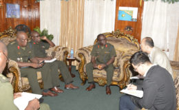 GDF Chief of Staff Brigadier George Lewis (centre) meeting with a team from the Chinese Embassy on the visit. (GDF photo)