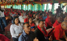 A section of the gathering at the opening of the PPP/C Congress yesterday; seated in the front row from left are: former minister Manzoor Nadir, Peter Ramsaroop, and former minister Juan Edghill and former PM Sam Hinds.