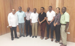 K. Juman-Yassin (extreme left) pose with the office bearers that will serve on the GOA’s executive for the next four years. The new faces are Vice President, Godfrey Monroe (third from right) and Assistant Treasurer, Tricia Fiedkou (second from right).