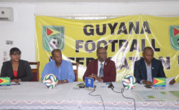 GFF President Wayne Forde (2nd from right) addressing the media at the federation’s headquarters: Communications Director (left) Debra France and Committee Members Keith O’Jeer (2nd from left) and Dion Inniss are the other GFF officials in the photo.