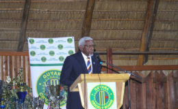 West Indies Cricket Board Director Conde Riley delivering the feature address at the Guyana Cricket Board’s 2016 Awards Ceremony at the Umana Yana Thursday Night