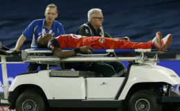 West Indies all-rounder Dwayne Bravo is taken from the field after sustaining an injury during Thursday’s Big Bash League game.
