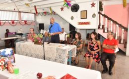 President David Granger delivering remarks at the Dharm Shala's annual Christmas luncheon. Also at the head table are from right- Executive Member of the Board of the Dharm Shala, Edward Boyer, Kella Ramsaroop,  Pamela Ramsaroop, Sheila George and Father Thurston Riehl (Ministry of the Presidency photo) 
