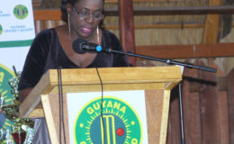 Minister Nicolete Henry delivering her remarks at the Guyana Cricket Board Awards ceremony last Thursday night. (Orlando Charles photo)