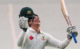 Matt Renshaw celebrates his maiden test century in his fourth test match. (Reuters photo)