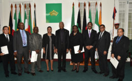 From left are Charles Fung-A-Fat, Neil Boston, Llewellyn John, Justice Roxane George-Wiltshire, President David Granger, Rosalie Robertson, Attorney General Basil Williams, Vidyanand Persaud and Rafiq Khan. (Ministry of the Presidency photo)