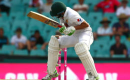 Pakistan Younus Khan is struck on the helmet by a delivery from Australia’s Mitchell Starc. (Reuters photo)
