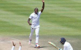 South Africa’s Kagiso Rabada celebrates as he takes the wicket of Sri Lanka’s Upul Tharanga. (REUTERS/Mike Hutchings)