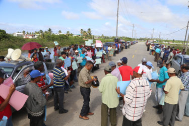 A section of the crowd of protesting farmers that gathered at Onverwagt, West Coast Berbice yesterday. (Photo by Keno George)
