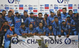 India lost yesterday’s final One Day cricket match but won the series. Above they are pictured with the One-Day series trophy. (Reuters photo)
