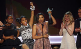 Octavia Spencer (L), Janelle Monae (2nd L) and Taraji P. Henson accept their award for Cast in a Motion Picture for ‘Hidden Figures’ during the 23rd Screen Actors Guild Awards. REUTERS/Mike Blake
